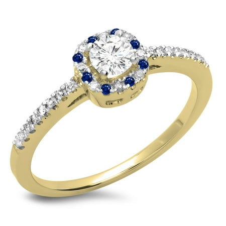 0.45 Carat (ctw) 10K Yellow Gold Round Cut Blue Sapphire & White Diamond Ladies Halo Style Bridal Engagement Ring 1/2 CT