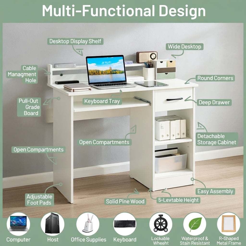 Topcobe Study Laptop Table with Drawer and Keyboard Tray, Desks for Bedrooms, Ideal for Working and Studying, White