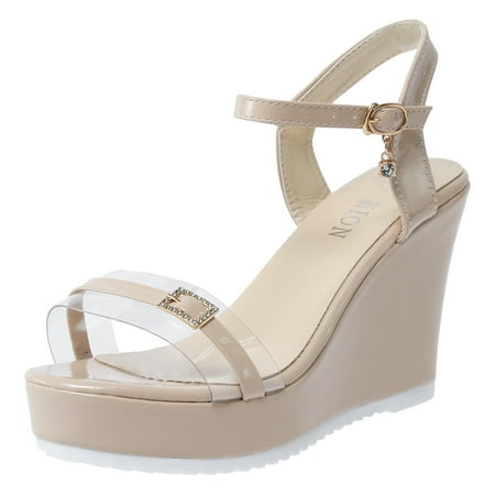

Fashion Summer Women Sandals Wedge Heel Platform Buckle Solid Color Rhinestone Casual