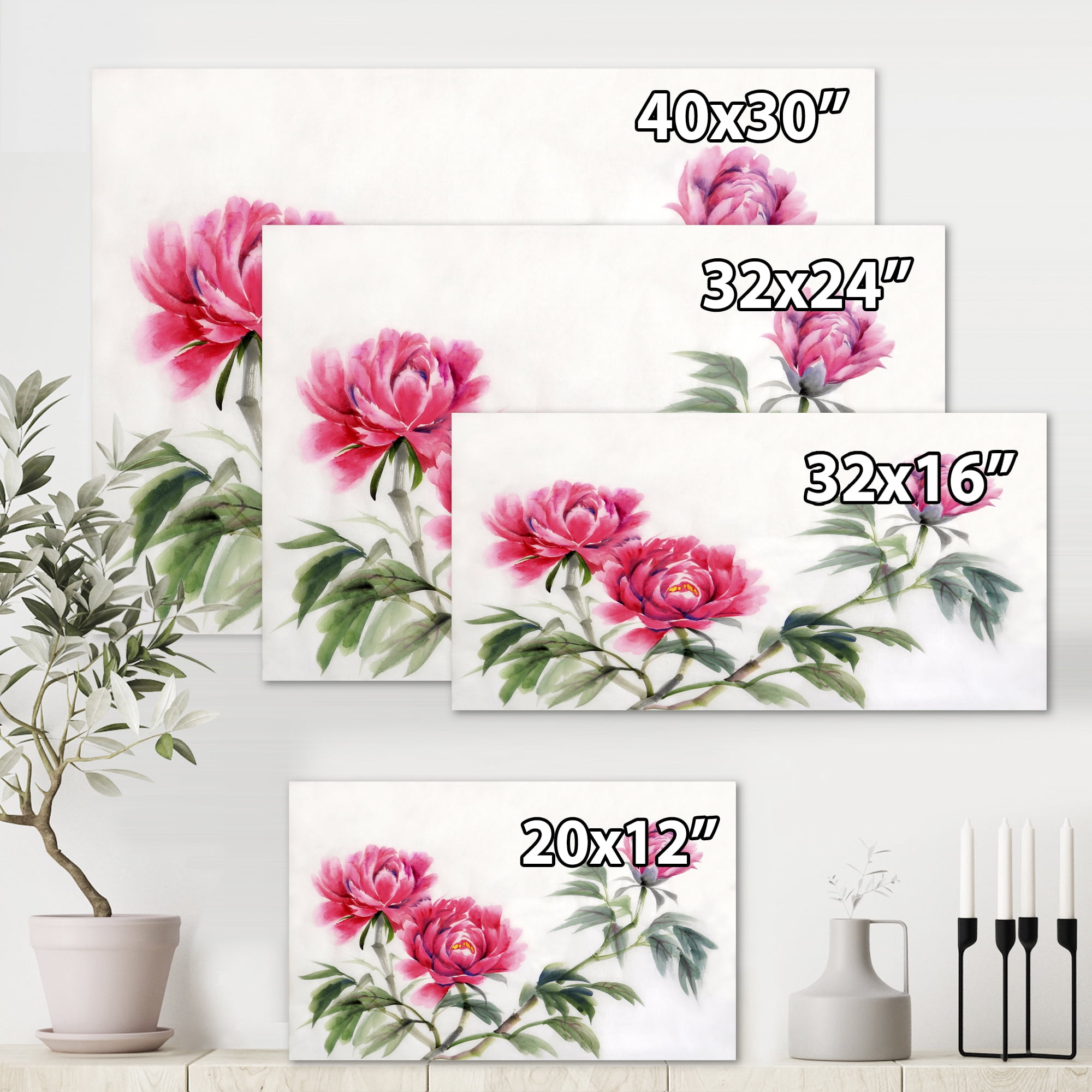 Designart ' Three Vintage Red Peonies Flowers ' Traditional Canvas Wall Art Print