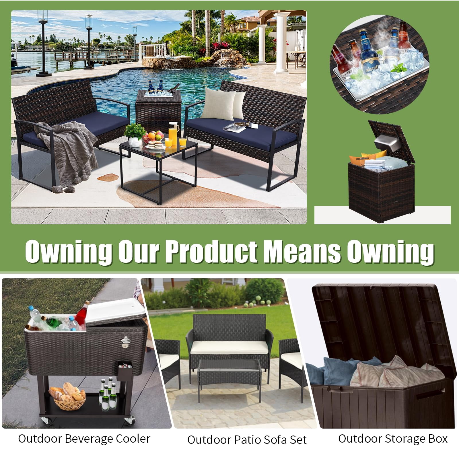 4 Piece Outdoor Patio Furniture Set,Wicker Conversation Sets Patio Sofa Couch with Built-in Beverage Cooler Storage Box & Coffee Table for Outside, Garden, Balcony, Porch,Brown/Blue
