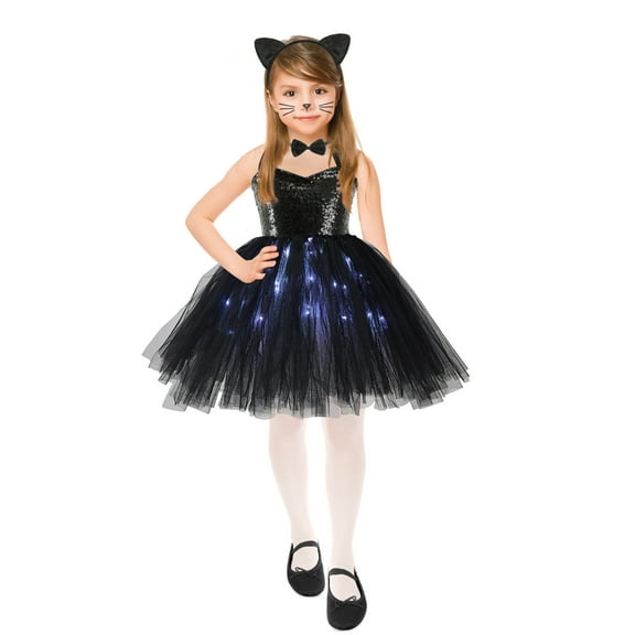 Odeerbi Toddler Girls Halloween Tulle Skirt Set LED Light Up Dress Up Clothes Kids Cute Light Role Play Dress with Cat Ear Set Fashion Party Princess Dress Headband Set Black