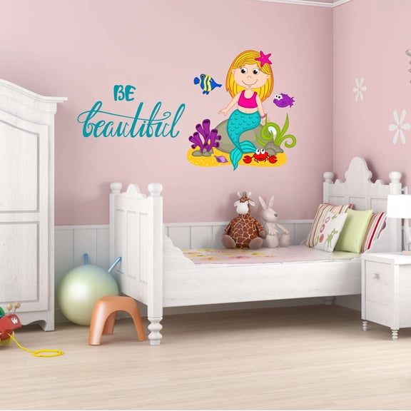 Be Beautiful Mermaid Colorful Fish Salt Water Princess Creatures Seahorse Queen Sweet Dreams Bedtime Unicorn Lovely Dear Dream Holiday Gift Decorating Wall Decal Sticker - Size: 20 In X 12 In