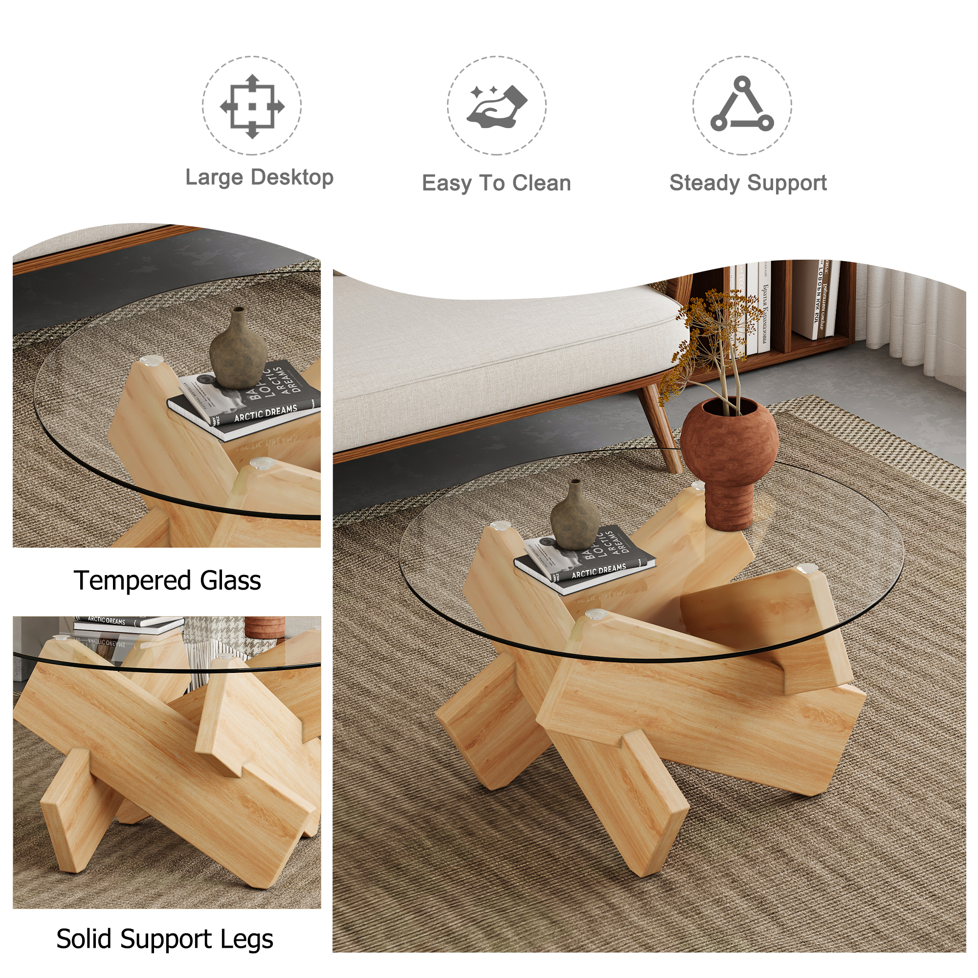 NYEESS 33.4" Inch Oak Round Tempered Glass Coffee Table with MDF Legs, Farmhouse Style Living Room Table