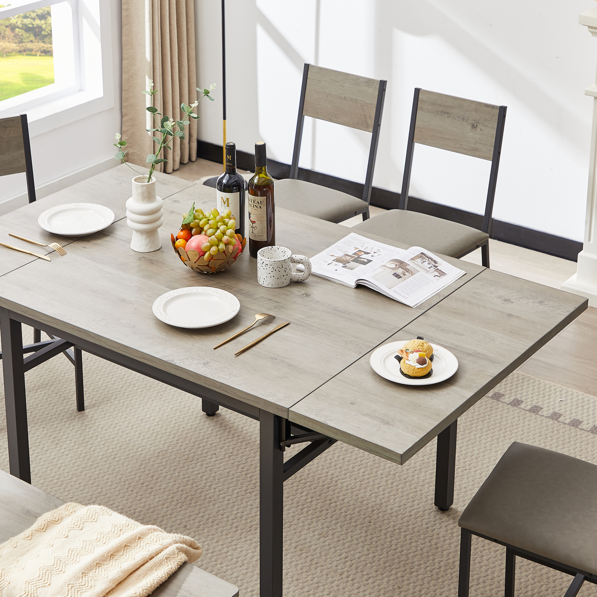 Folding Dining Table,Drop Leaf Kitchen Table for 2-6 People,Extension Dinner Table for Small Spaces,63.2'' L x 35.5'' W x 30.5'' H,Gray