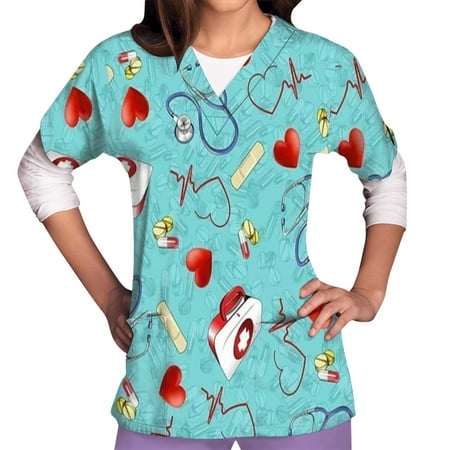 

Funicet Savings Clearance 2023! Womens Scrubs Tops Plus Size Short-Sleeve Nursing Uniform V Neck Working Uniform Cute Nurse Printed T-Shirts w/Pockets