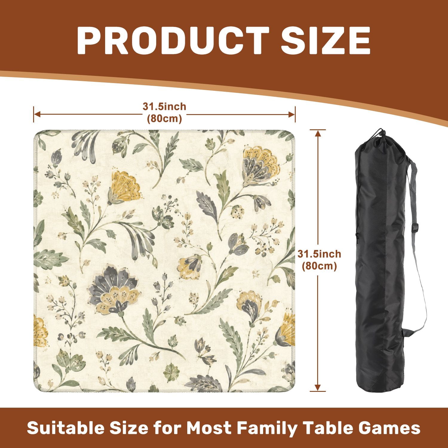 Mahjong Mat 31.5" x 31.5" Vintage Floral Botanical Soft Green Mustard Yellow Gray Watercolor Non-Slip Noise Reduction American Mahjong Tiles Table Cover for Dominoes Poker Card Board Games Gift