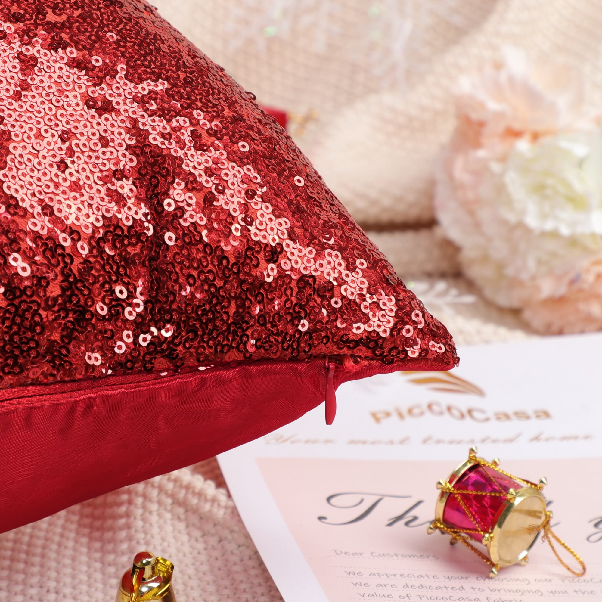 Unique Bargains 4Pcs Glitter Sequins Throw Pillow Covers 18" x 18" Red