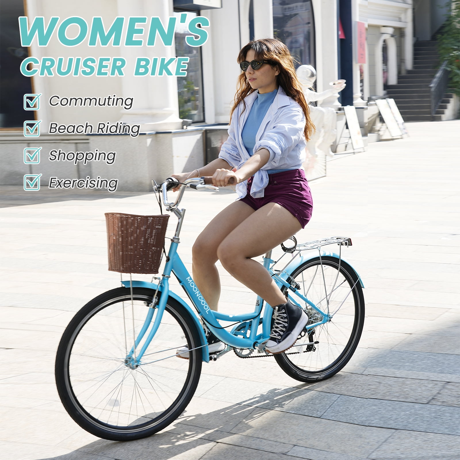 MOONCOOL 24/26 Inch Cruiser Bike for Women, 7 Speed Step-Through Bicycle with Basket, Rear Rack & Lock, Retro City Bike for Adults