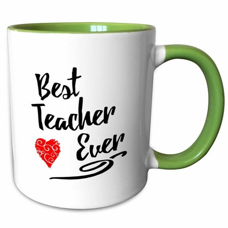 3dRose Typographic Design- Best Teacher Ever in Black with Red Swirly Heart - Two Tone Green Mug,
