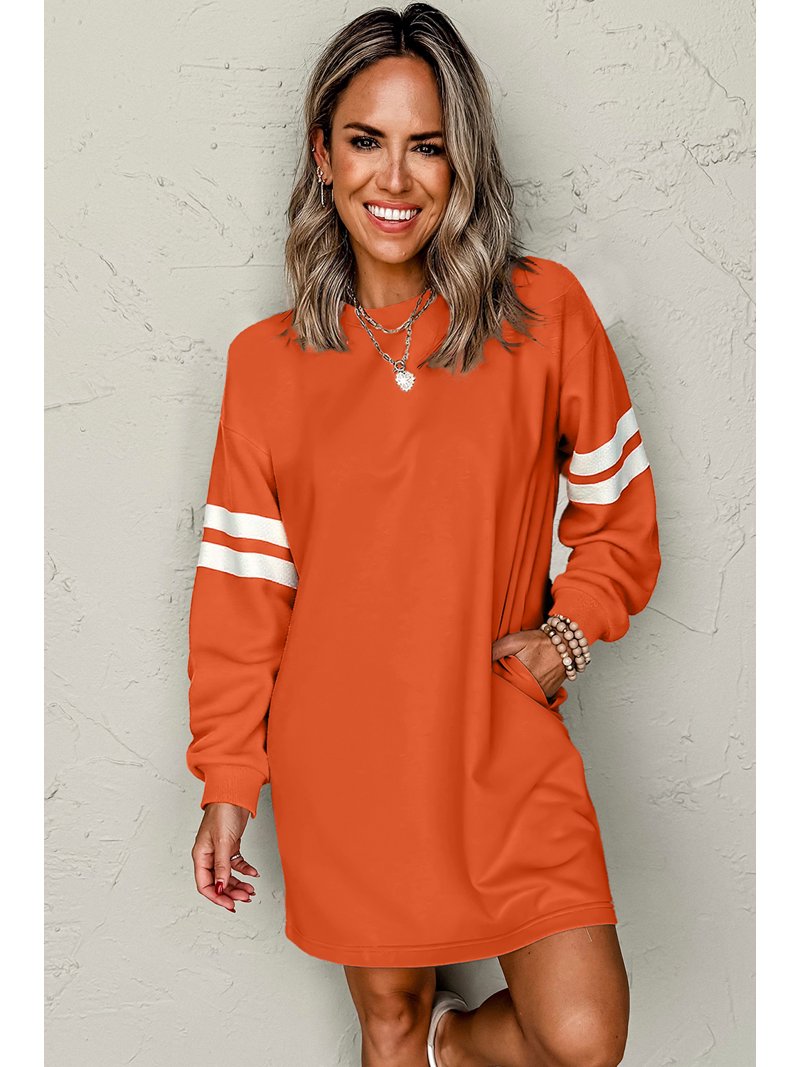 Orange Varsity Contrast Banded Sleeve Shift Sweatshirt Dress for Women | [ZhiHiMeRi] | L