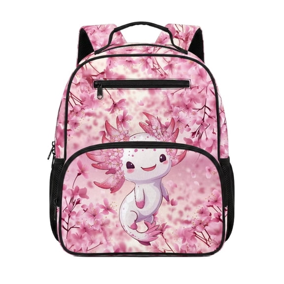 Jeiento Axolotl 13.5" Polyester Toddler School Bag, Preschool Backpack with Large Compartment & Mesh Side Pockets, Pink Cherry Blossom Adjustable Bookbag for Boys Girls Daycare Travel