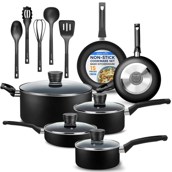 SereneLife 15 Piece Pots and Pans Non Stick Kitchenware Cookware Set, Black
