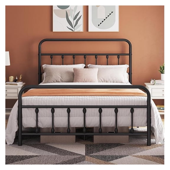 Queen Size Victorian Style Metal Bed Frame with Headboard/Mattress Foundation/No Box Spring Needed/Under Bed Storage/Strong Slat Support Black