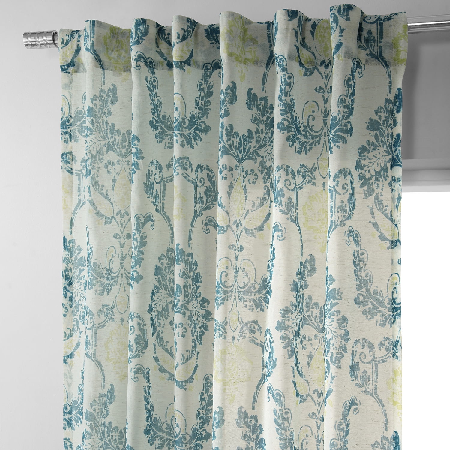 Terrace Teal Printed Faux Linen Sheer Curtain (1 Panel), Terrace Teal, 50W X 108L