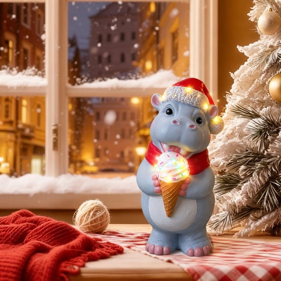 Christmas Hippo Statue with LED Lights,Cute Resin Hippopotamus Wearing Santa Hat Holding Ice‑Cone Figurine for Festive Indoor Outdoor Tabletop Yard Porch Holiday Decor,Christmas Gift