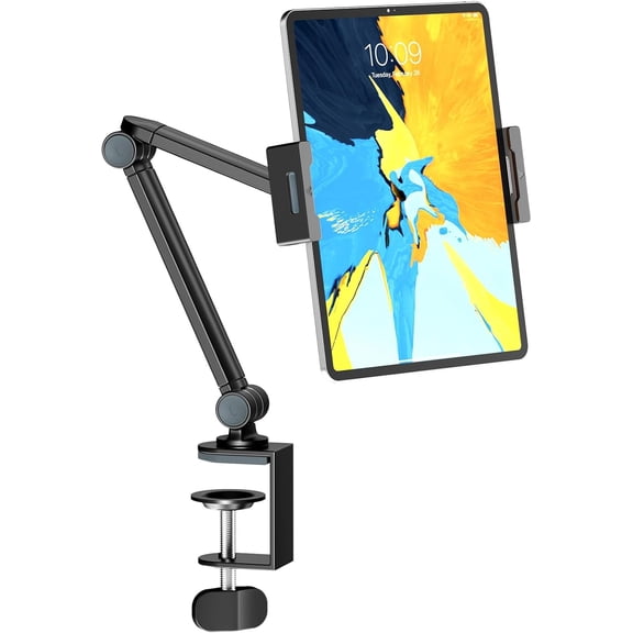 Tablet Stand Holder for Desk, Portable Phone Tablet Holder for ipad with 360° Rotation,Adjustable Arm Clamp Mount Compatible with 4.7"-12.9" iPad, iPhone, Kindle, Black