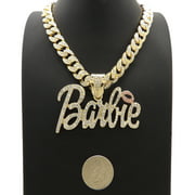 Hip Hop Iced Pink Barbie Pendant 10mm/18",20" Ice Bling Miami Cuban Chain Fashion Necklace ( Gold 18" )