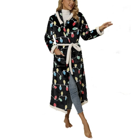 Penkiiy Christmas Printed Robe Bathrobe Women's Christmas Casual Breathable Hooded Long Sleeved Flannel Nightgown Belt Black Nightgowns