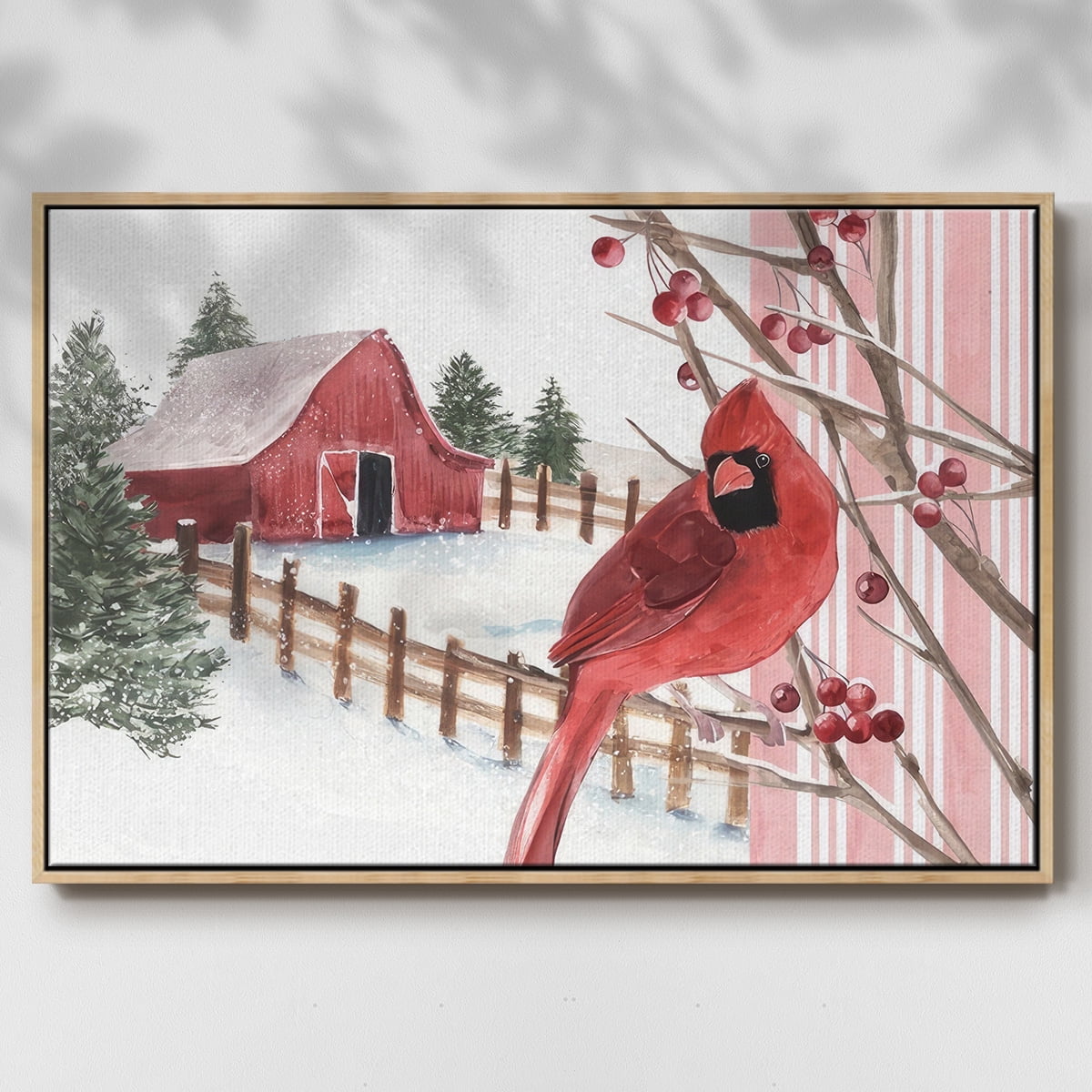 Winter Cardinal Collection A - Framed Gallery Wrapped Holiday Canvas - 25 x 37 - Natural Wood Frame