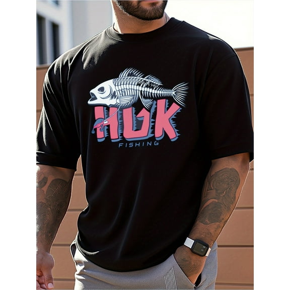 Mens Clothes, T Shirts for Men, Casual Style Design with Print, 100% Pure Cotton Fabric, Shirts for Men, HUK Fishing Themed Printed T-Shirt, Loose Fit, Short Sleeve, Comfortable And Breathable