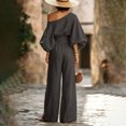 thumbnail image 4 of Szluipve 2 Piece Sets for Women Off‑Shoulder 2 Piece Outfits Puff Long Sleeve Slanted Shoulder Top & High Waist Pleated Wide Leg Pants Casual Vacation Matching Set Black L, 4 of 9