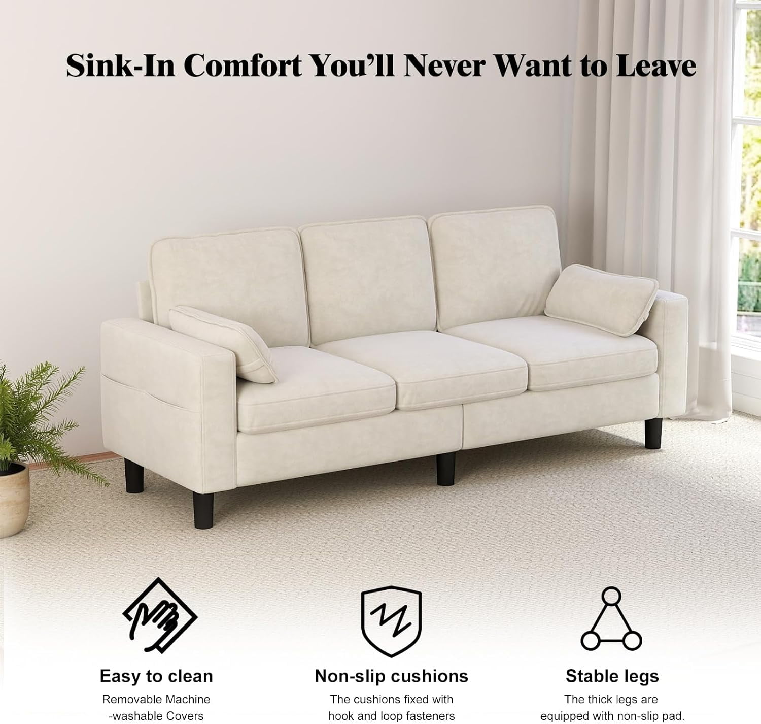 Kinbor Multi-Functional 3-Seater Sofa Chair, Modern Accent Chairs Comfy Living Room Chair with Cushions & Side Pocket, Beige