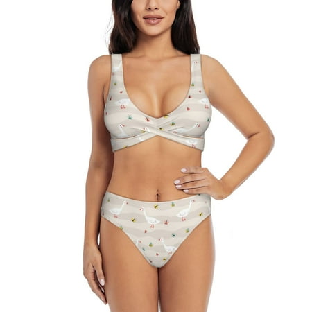 Zeuib Funny Goose1 High Waisted Tummy Control Bikini Set - Knot Front Push Up Top & Cheeky Thong Bottom  Two-Piece Swimsuit for Women-Medium