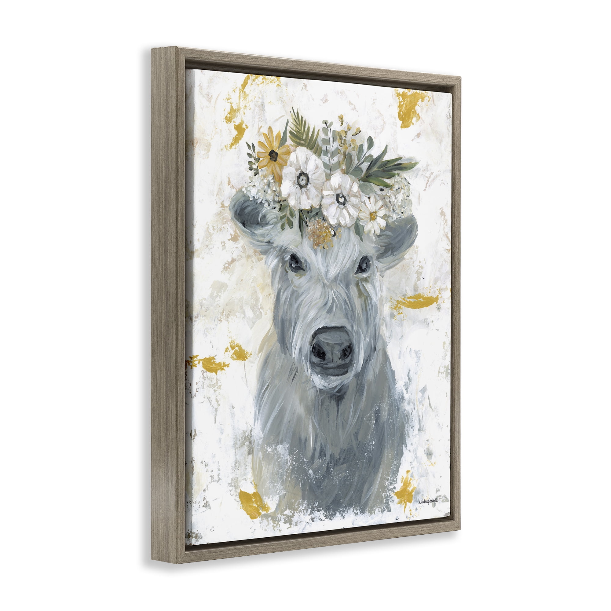 Stupell Industries Grey Cattle with Flowers Animals & Insects Painting Brown Floater Framed Canvas Art Print Wall Art, 17 x 21