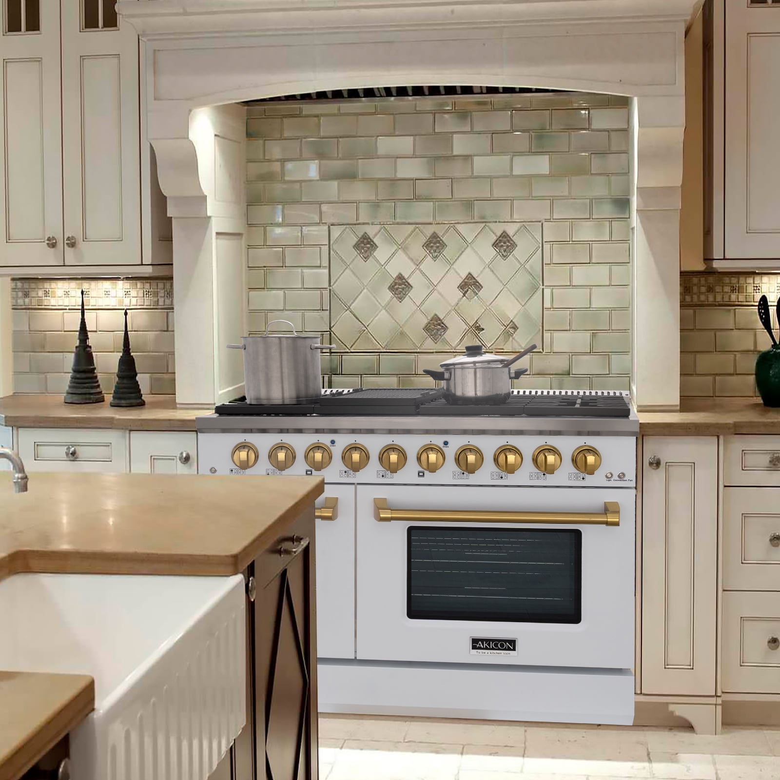 Akicon 48" Slide-in Freestanding Professional Style Gas Range with 6.7 cu. ft. Oven, 8 Burners, Convection Fan, Cast Iron Grates. White & Gold