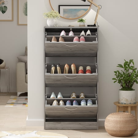 OXYLIFE Shoe Cabinet Entryway 3 Tier Shoe Storage Organizer Gray