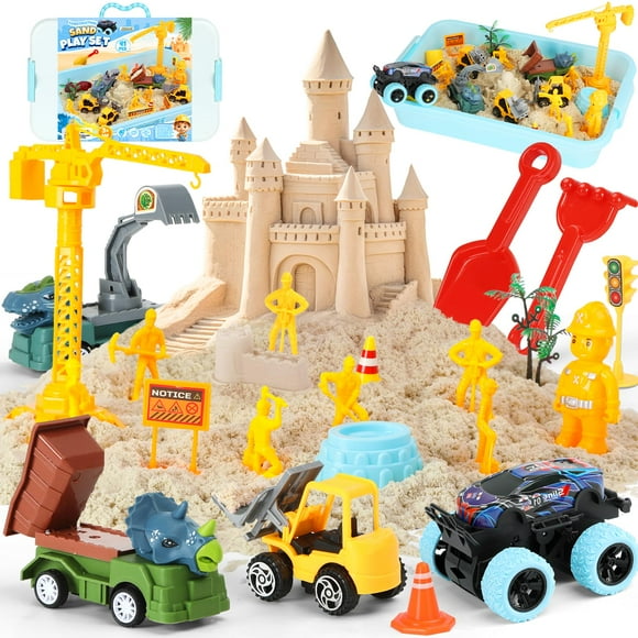 Construction Sensory Bin-Sandbox Play Sand Kit with Toy Truck & 2lbs Magical Sand, Pretend Play Beach Building Set - Birthday Gifts for Kids Boys Girls Toddlers 3+, Creative & Imag