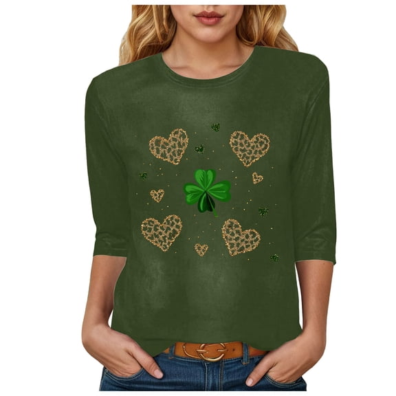 felwors St Patty's Day Shirt Women 2025 Casual Plus Size 3/4 Sleeve Irish Clover Shirts Funny Saint Patrick's Tunic Tops (Dark Green, L)