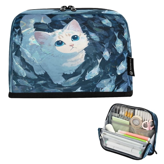 Pencil Bag with Magnetic Foldable Base Large Capacity Stand-Up Pencil Case Durable Nylon Pen Pouch Swirl Fish and Cat