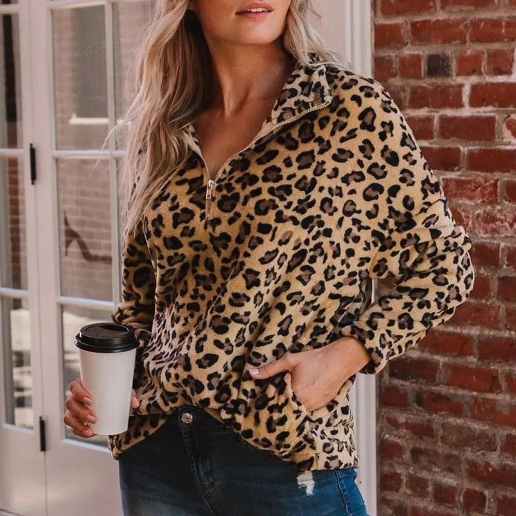 Jovati Leopard Print Coat Womens Fashion Leopard Print Long Sleeved Stand Up Collar Zipper Coat Tops Yellow