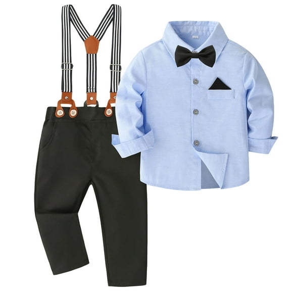Gubotare Baby Boy Formal Outfits Baby Boy Clothes Suits Toddler Dress Shirt With Bowtie Suspender Pants Outfit Sets Gentleman Wedding 18 24 Months,(Light Blue 18-24 Months)