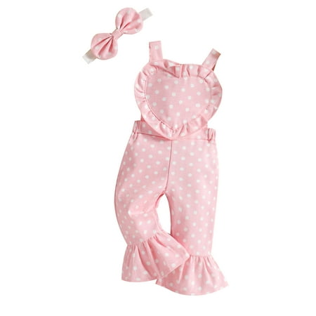 

Infant Girl Jumpsuit Ruffle Heart Shape Bust Dot/Leopard Print Sleeveless Backless Romper Pants