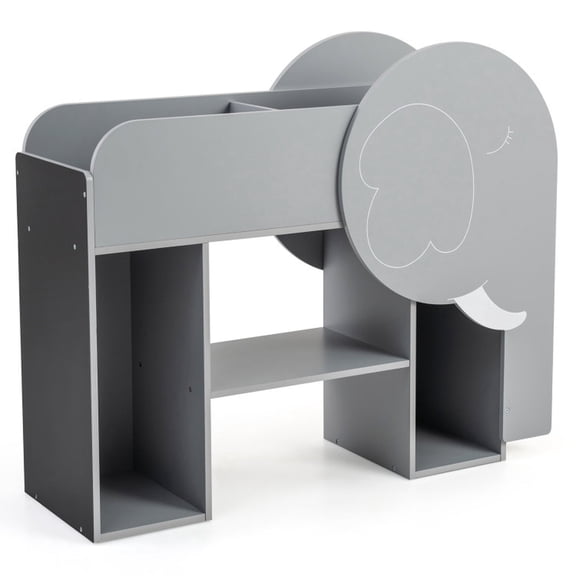 Furnibear Montessori Elephant Bookshelf 3-Tier Toddler Toy Storage Organizer with Abacus and Chalkboard for Playroom Nursery Storage, Gray