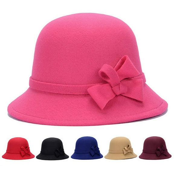 Dengjunhu Women Faux Wool Church Cloche Flapper Hat Lady Bucket Winter Flower Cap