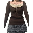 thumbnail image 3 of Women's Fairy Grunge Long Sleeve Knit Tops, Y2K Lace Patchwork Neck Shirt Bowknot Slim-Fit Pullover Aesthetic Bottom Tops, 3 of 6