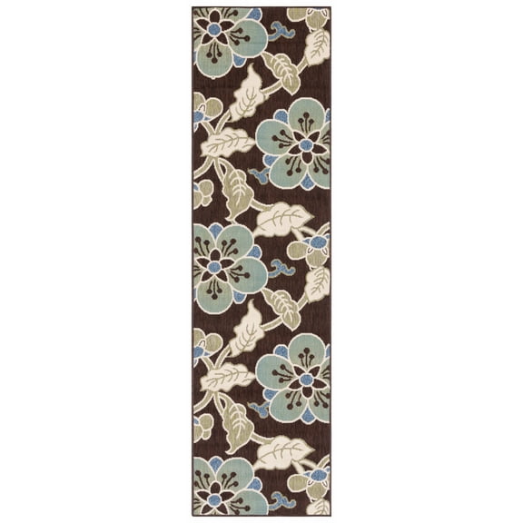 SAFAVIEH Veranda Nazca Floral Indoor/Outdoor Runner Rug, Chocolate/Aqua, 2'3" x 8'