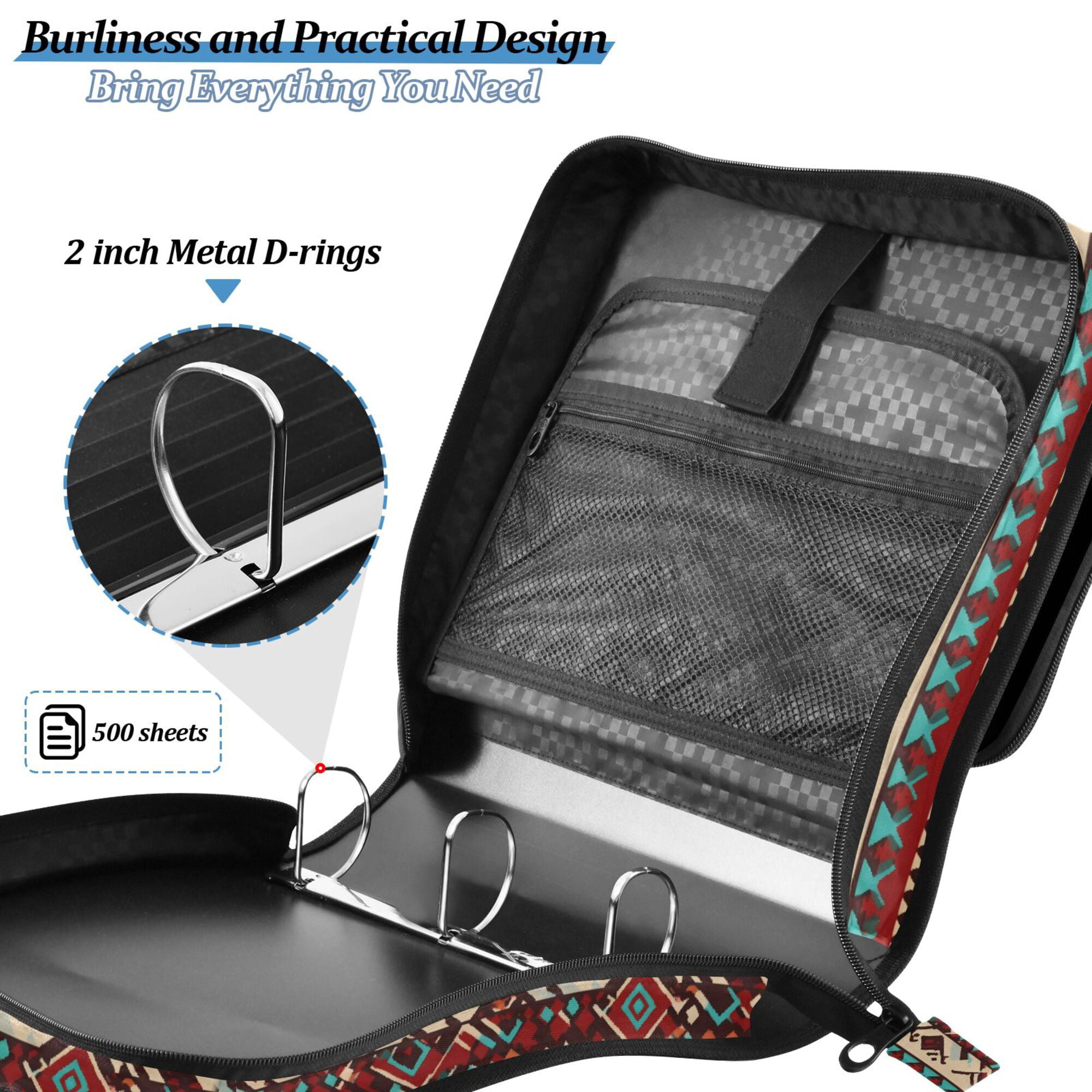 FORMRS Zipper Binder with Shoulder Strap 2-inch Ring 500 Sheet Capacity File Bag, Tribal Art
