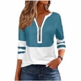 thumbnail image 2 of thefmos Women Plus Size V Neck 3/4 Sleeve Zipper Color Block Pullover Tops for Fall Winter Cute Trendy Casual Basic Tshirt Solid Comfy Blouses Everyday Business Work Clothes, Navy L, 2 of 6