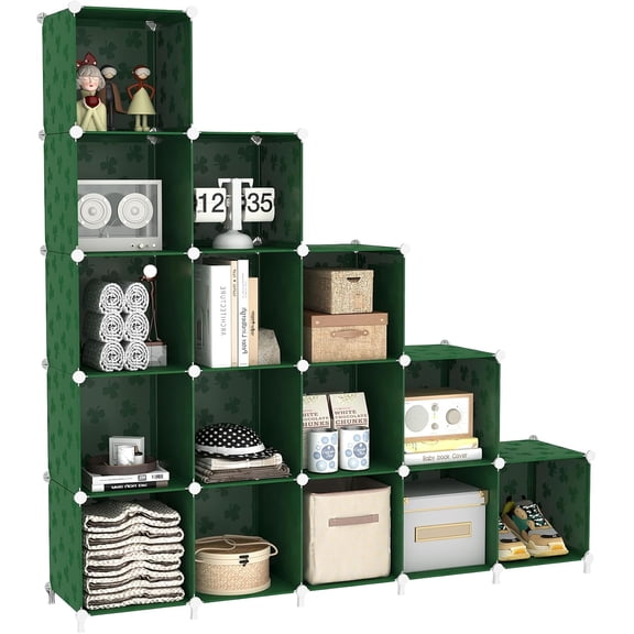 15-Cube Storage Organizer Bookcase with Pattern, Closet Cabinet Shelf, Green