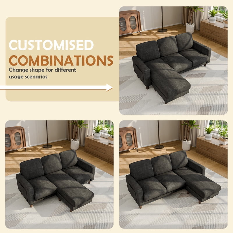 Lacoo 3 Seat Sectional Sofa L-Shaped Couch with Reversible Ottoman Convertible Cloud Couch for Living Room,Dark Gray