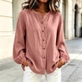 thumbnail image 3 of Tbopshirt Womens Blouses Tops for Women Fashion Solid Color Summer Long Sleeve Imitation Linen Button Neckline Closing Blouse, 3 of 6