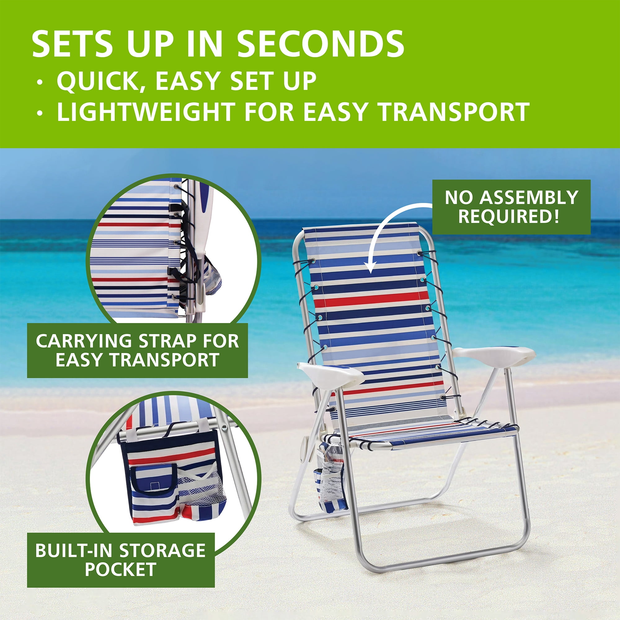 Mainstays Aluminum Bungee Reclining Fabric Beach Chair with Storage Pockets, Red White & Blue Stripe