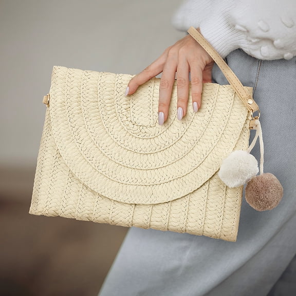 Straw Shoulder Bag Elegant Woven Straw Purse Handmade Woven Straw Bag Portable Woven Rattan Bag Woven Clutch Bag Woven Straw Bag with Two Balls for Women Travels
