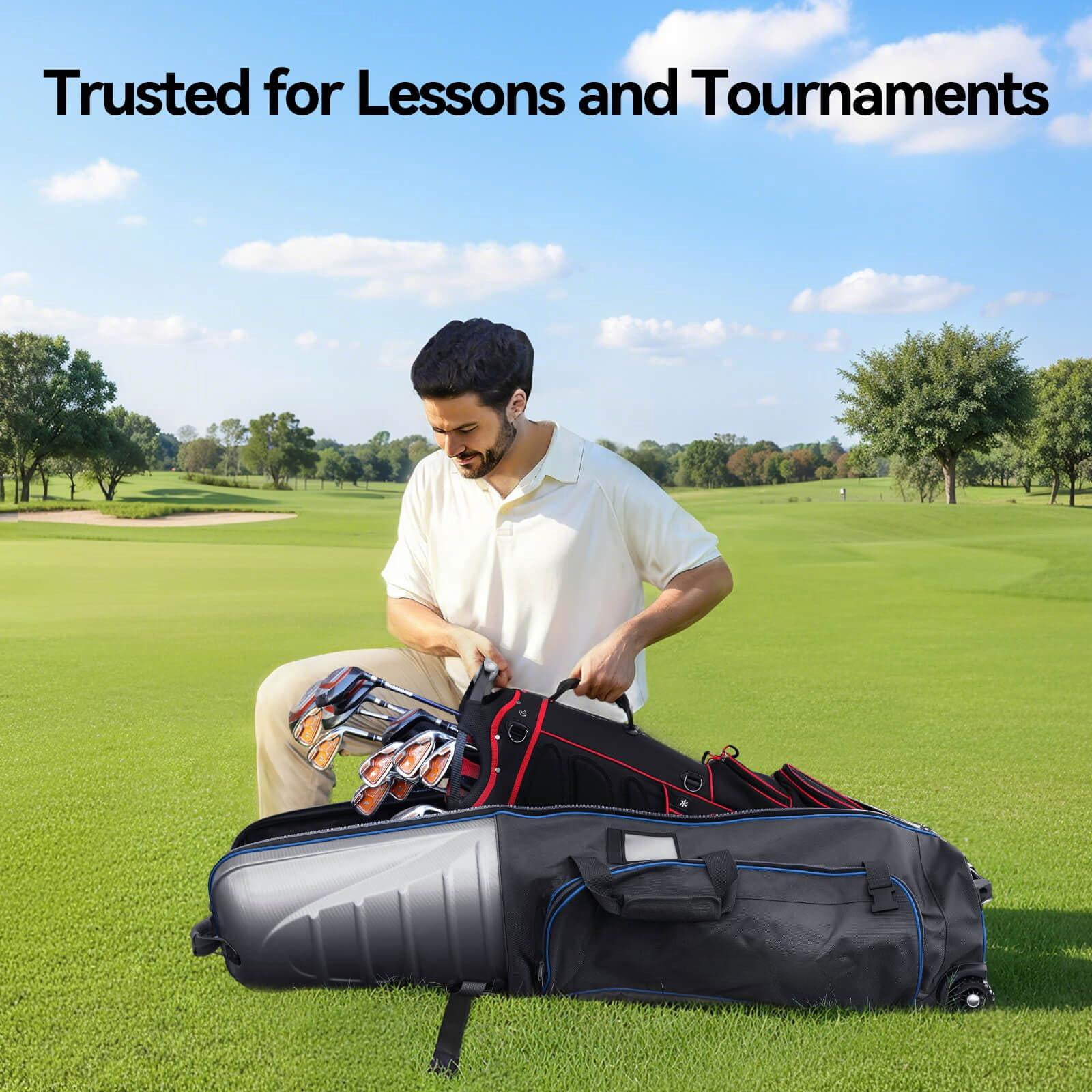 Golf Travel Bag For Airlines With Carbon Fiber Hard Top  Protective Club Traveling Cover Wheel Carrier Case Airplanes Thick Padding Durable Zippers And 2 Sided Spacious Pockets