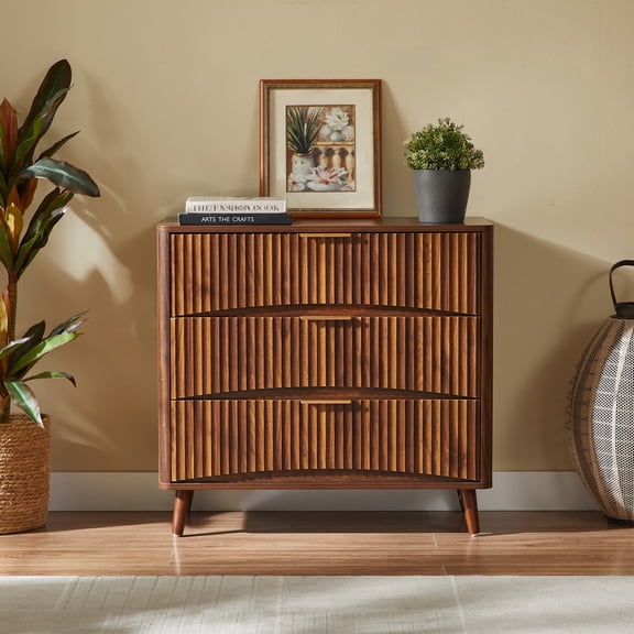Fluted 3 Drawer Dresser, Mid-Century Modern Walnut Storage Cabinet with Metal Handles, Engineered Wood Chest of Drawers for Bedroom Living Room